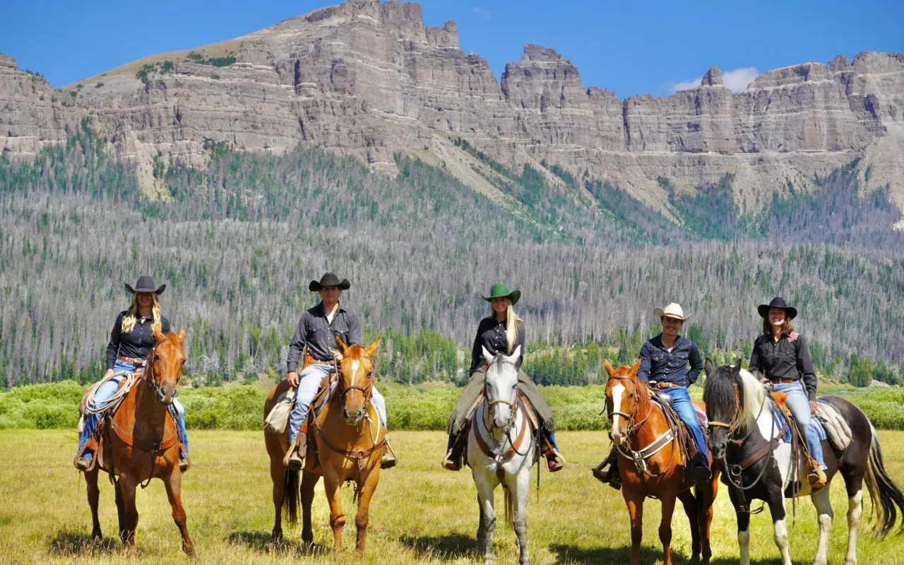 a group of horseback riders at Brooks Lake lodge on Togwotee Pass near Jackson Hole, WY